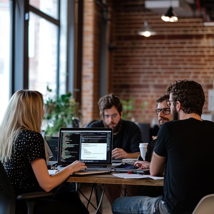 Three members of the Waveloop team reviewing product architecture in a dark studio